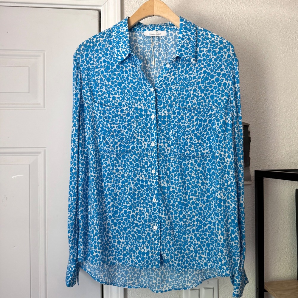 NWOT SAMSOE SAMSOE Blue white floral long sleeve crepe button up shirt blouse